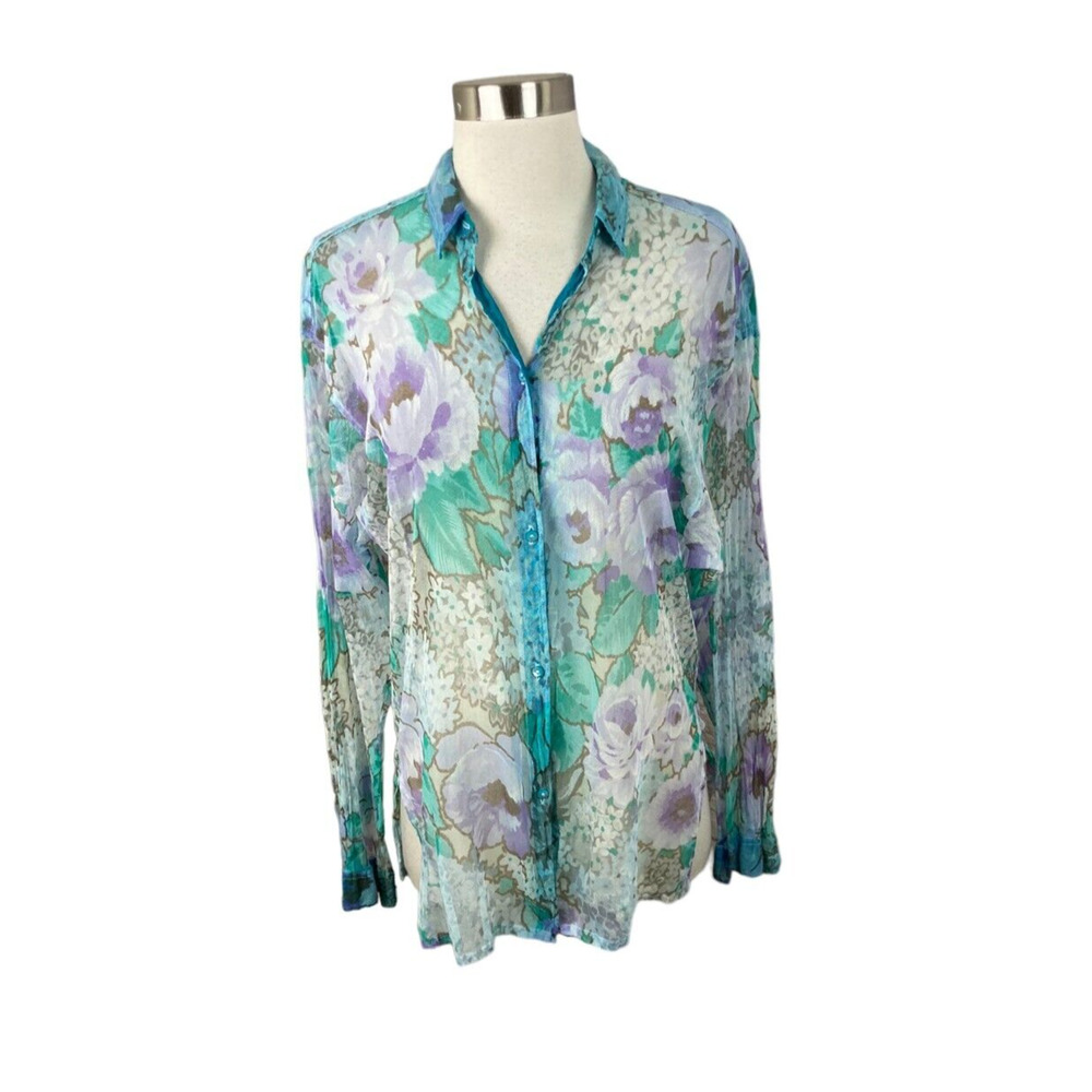 Kenzo Paris 40 Blue Green Purple Mesh Watercolor Floral Long Sleeve Shirt